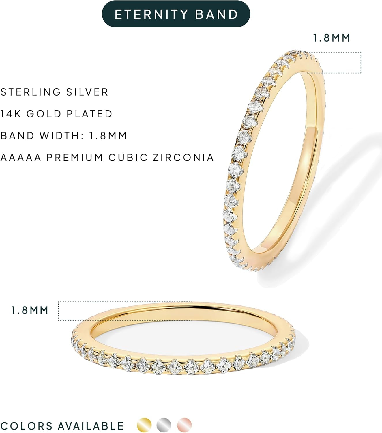 14K Gold Plated Sterling Silver CZ Simulated Diamond Stackable Ring Eternity Bands for Women