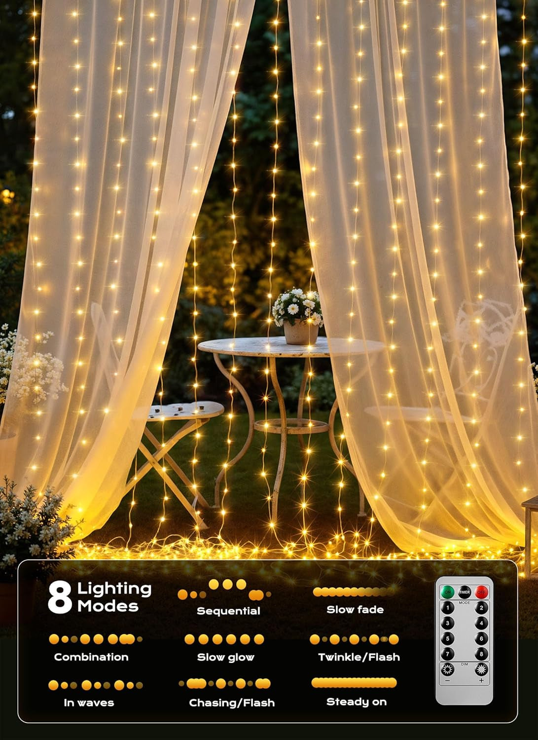 Hanging Window Curtain Lights 9.8 Feet Dimmable and Connectable with 300 Led, Remote, 8 Lighting Modes, Timer for Bedroom Wall Party Indoor Outdoor Decor, Warm White (Curtain Is Not Included)
